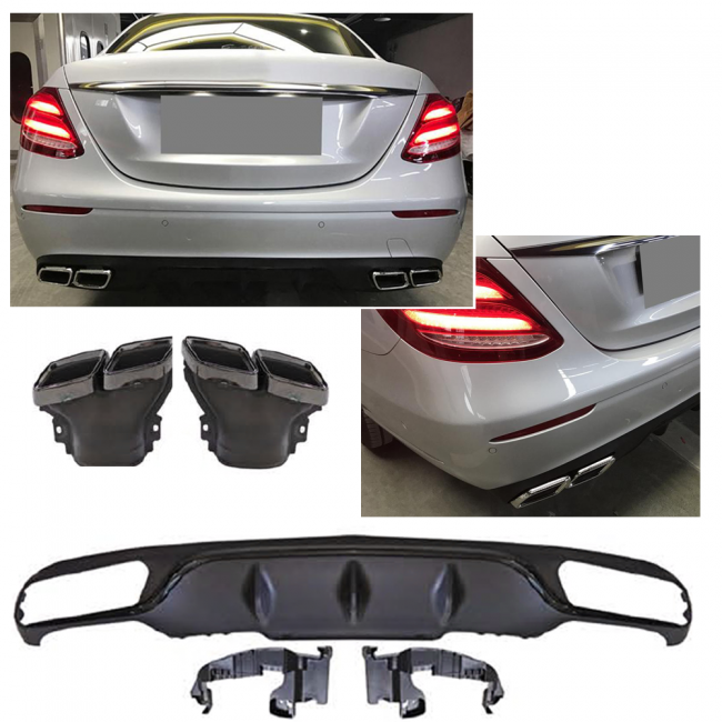 Suitable for Mercedes W213 E-Class rear spoiler diffuser + tailpipes (BLACK) in E63 AMG LOOK