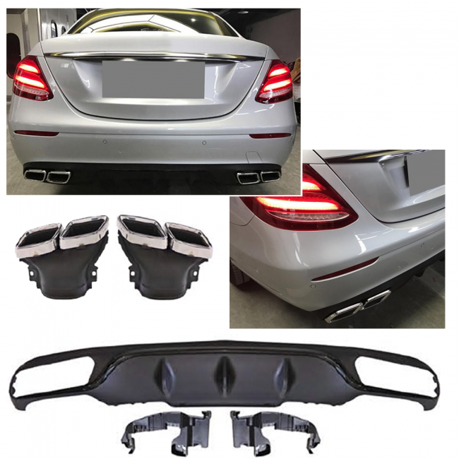 Suitable for Mercedes W213 E-Class rear spoiler diffuser + tailpipes (CHROME) in E63 AMG LOOK