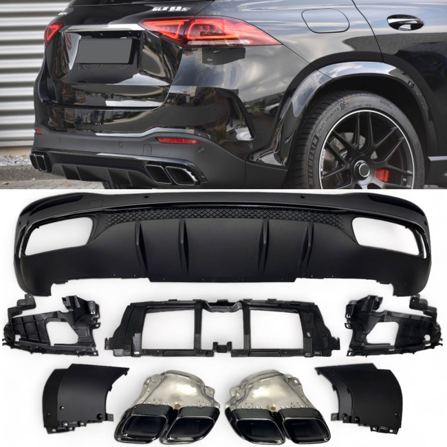 Fits for Mercedes W167 GLE SUV Rear spoiler diffuser + exhaust tips (BLACK) 