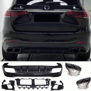Fits for Mercedes X167 GLS Rear spoiler diffuser + exhaust tips (BLACK) 63 AMG LOOK 