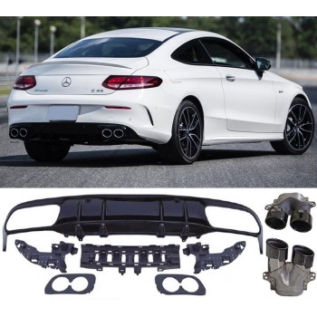 Rear spoiler diffuser + exhaust tips (BLACK) in C43 AMG LOOK for Mercedes C205 A205