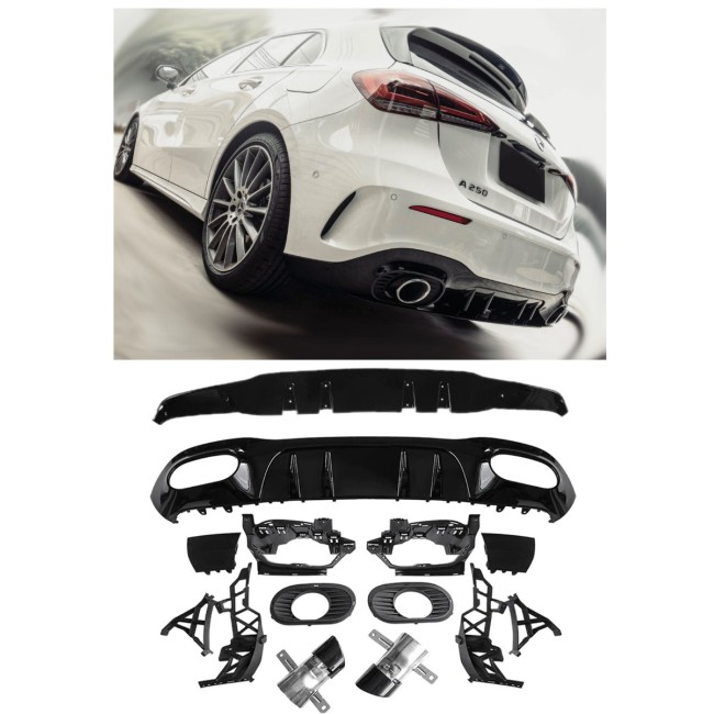 Rear spoiler diffuser + exhaust tips 2x1 (BLACK) for Mercedes W177