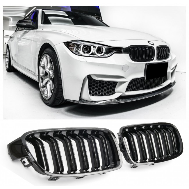 FITS FOR BMW F30 F31 SPORT GRILLE DOUBLE SLAT GLOSSY BLACK 