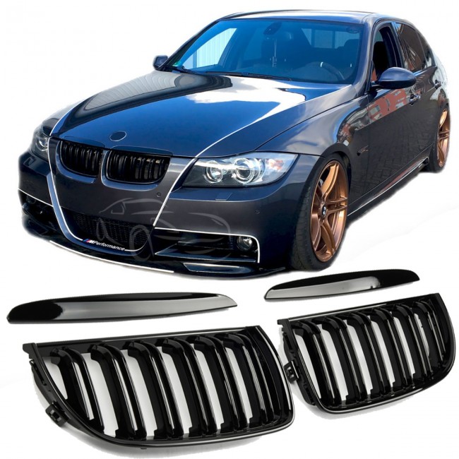 GRILLE FITS FOR BMW E90 E91 SPORT 05-07 DOUBLE SLAT GLOSS BLACK 