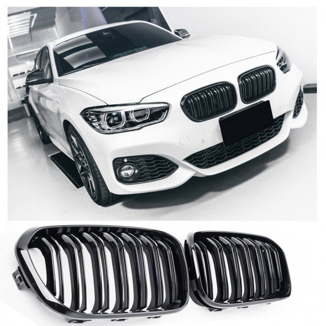 GRILLE FITS FOR BMW F20 F21 SPORT 15-18 DOUBLE SLAT GLOSS BLACK 