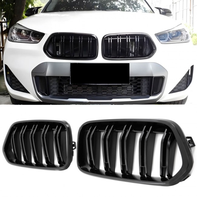 FITS FOR BMW X2 F39 SPORT DOUBLE BAR GRILL GLOSSY BLACK