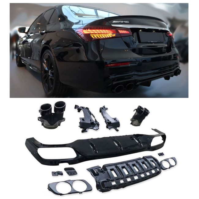 Suitable for Mercedes W213 E-Class rear spoiler diffuser + tailpipes (BLACK) 