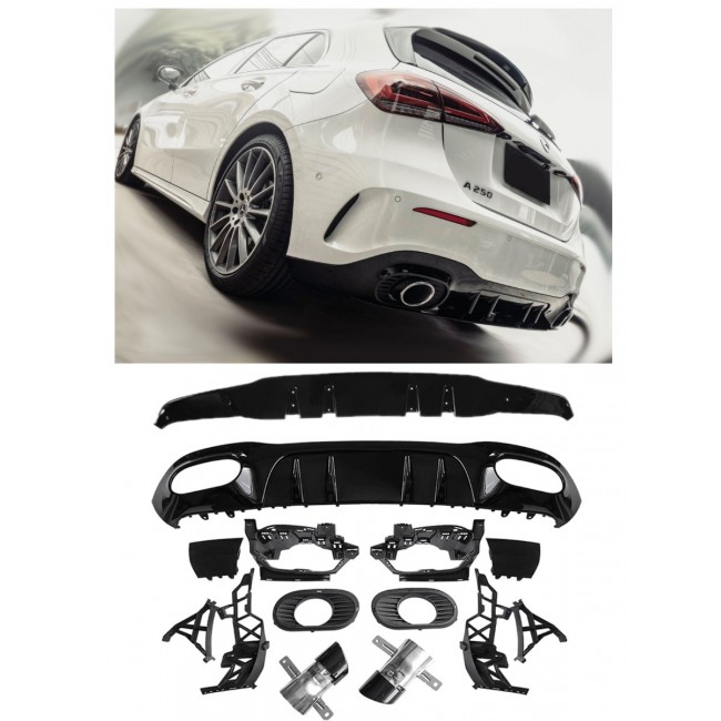 Rear spoiler diffuser + exhaust tips 2x1 (BLACK) for Mercedes W177