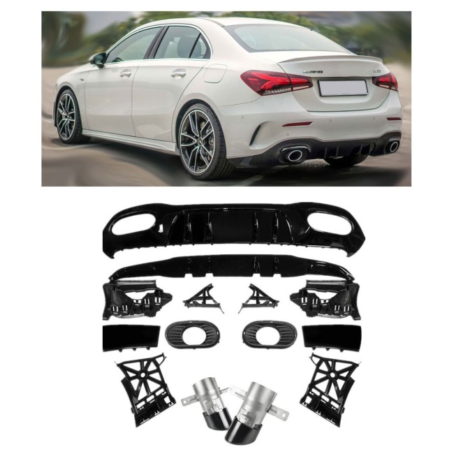 Rear spoiler diffuser + exhaust tips 2x1 (BLACK) for Mercedes V177