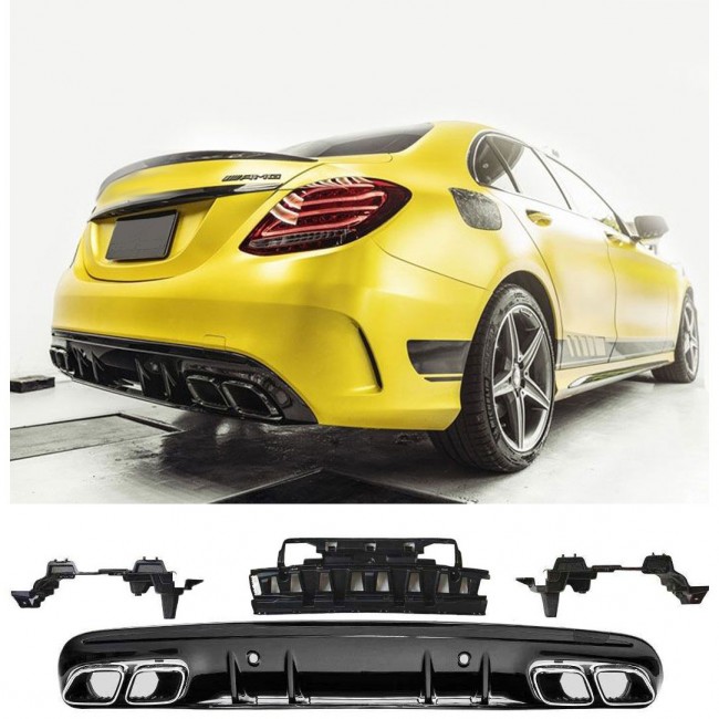 Rear spoiler diffuser + exhaust tips (BLACK) for Mercedes W205