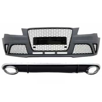 Front Bumper with Rear Bumper Valance Diffuserand Exhaust Tips suitable for Audi A4 B8 Pre-Facelift (2008-2011) RS4 Design