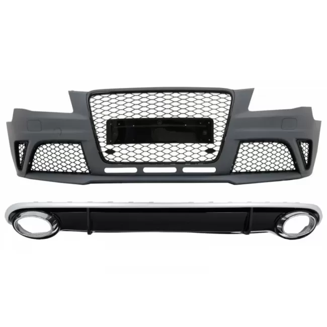 Front Bumper with Rear Bumper Valance Diffuserand Exhaust Tips suitable for Audi A4 B8 Pre-Facelift (2008-2011) RS4 Design