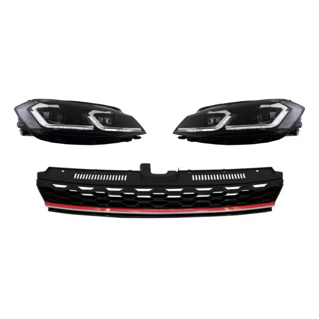 Central Badgeless Grille with LED Headlights Sequential Dynamic Turning Lights suitable for VW Golf 7.5 VII Facelift (2017-up) GTI Design Red And Chrome