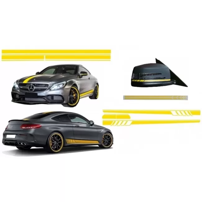 Set Sticker Side Decals & Upper Bonnet Roof Tailgate and Mirror Matte Yellow suitable for Mercedes C205 Coupe A205 Cabriolet (2014-up)