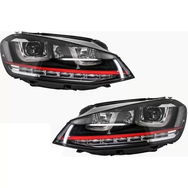 RHD Headlights 3D LED DRL suitable for VW Golf 7 VII (2012-2017) RED R20 GTI Look LED Flowing Dynamic Sequential Turning Lights