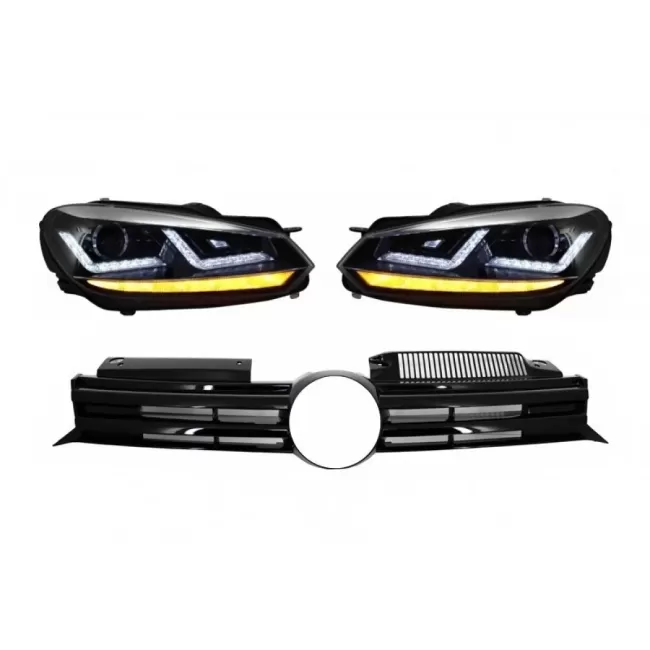 Front Grille suitable for VW Golf VI (2008-2012) with Osram Xenon Headlights Chrome LED Dynamic Sequential Turning Lights R20 Design