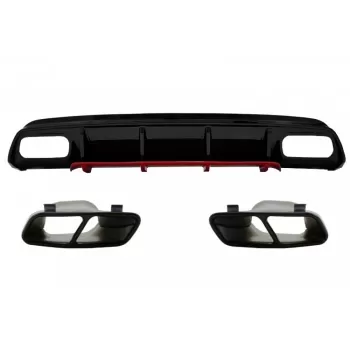 Rear Bumper Valance Diffuser with Exhaust Muffler Tips suitable for Mercedes A-Class W176 Facelift (2015-2018) A45 Design Red Edition