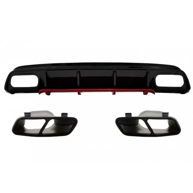Rear Bumper Valance Diffuser with Exhaust Muffler Tips suitable for Mercedes A-Class W176 Facelift (2015-2018) A45 Design Red Edition