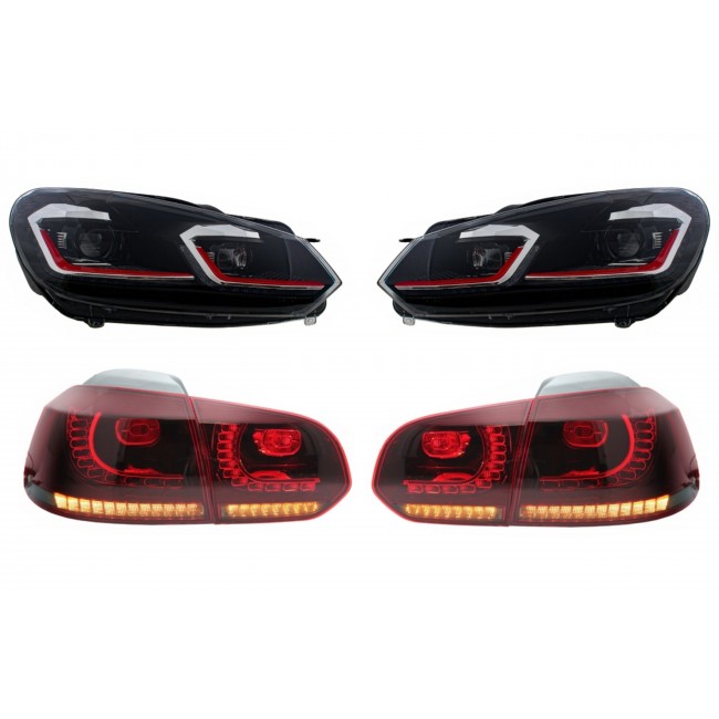 LED Headlights and Taillights suitable for VW Golf 6 VI (2008-2013) With Facelift G7.5 GTI Look Red Flowing Dynamic Sequential Turning Lights LHD