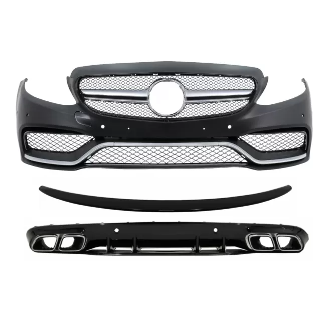 Front Bumper suitable for Mercedes C-Class C205 A205 Coupe Cabriolet (2014-2019) with Rear Bumper Valance Diffuser and Trunk Boot Spoiler C63S Design