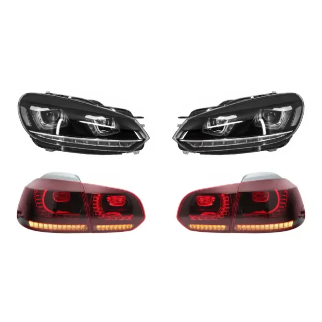 RHD Headlights Chrome with Taillights Full LED suitable for VW Golf 6 VI (2008-2013) LED Flowing Turning Light R20 U-Design