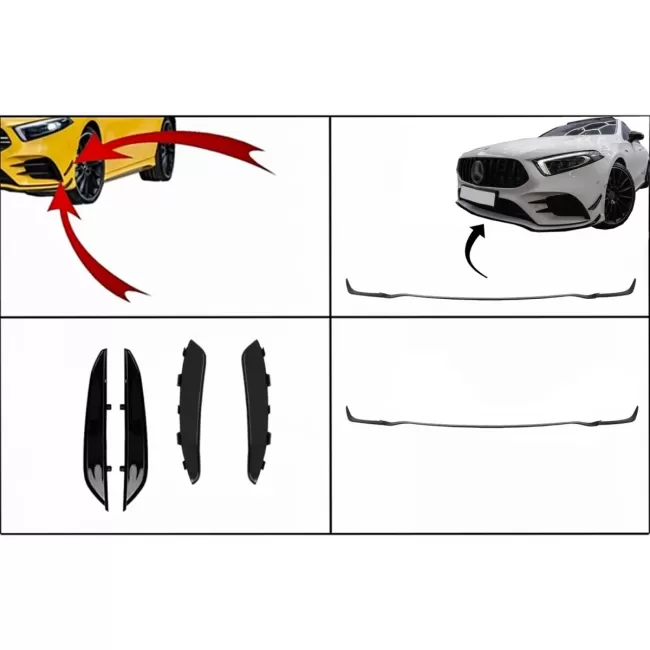 Front Bumper Flaps Side Fins Flacs suitable for Mercedes A Class W177 V177 (04.2018-2022) with Front Bumper Lip Extension A35 Design Black Edition