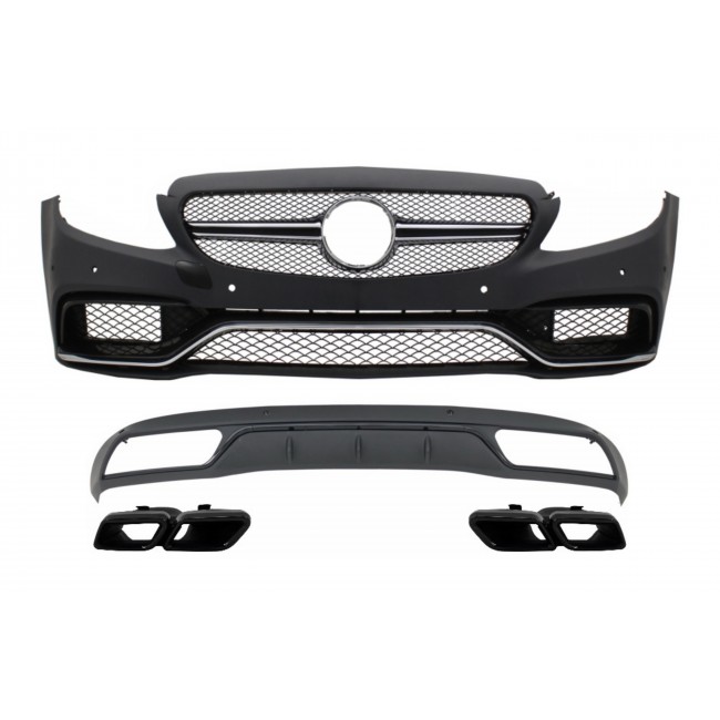 Front Bumper & Diffuser with Muffler Tips Black suitable for Mercedes C-Class W205 S205 (2014-2018) C63 Design