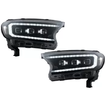 Headlights LED Light Bar Dynamic Start-up Display suitable for Ford Ranger Raptor (2015-2020) LHD Full Black Housing with Sequential Dynamic Turning Lights Matrix Projector