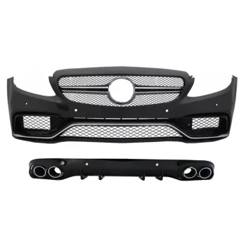 Front Bumper with Diffuser Double Outlet and Exhaust Tips suitable for Mercedes C-Class C205 Coupe A205 Cabriolet (2014-2019) C63 Design