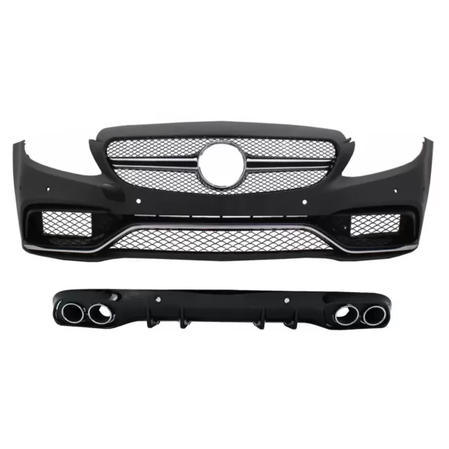 Front Bumper with Diffuser Double Outlet and Exhaust Tips suitable for Mercedes C-Class C205 Coupe A205 Cabriolet (2014-2019) C63 Design