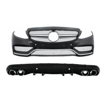 Front Bumper with Diffuser and Exhaust Muffler Tips suitable for Mercedes C-Class W205 Sedan S205 Estate (2014-2020) C63 Design