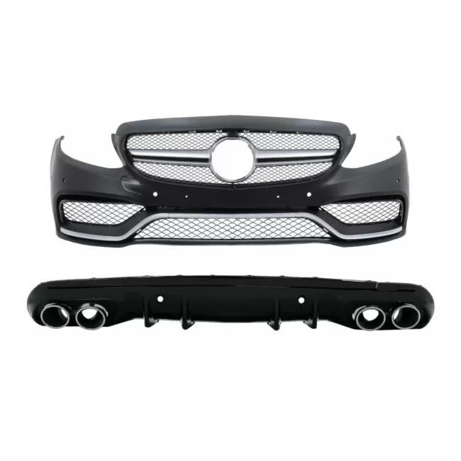 Front Bumper with Diffuser and Exhaust Muffler Tips suitable for Mercedes C-Class W205 Sedan S205 Estate (2014-2020) C63 Design