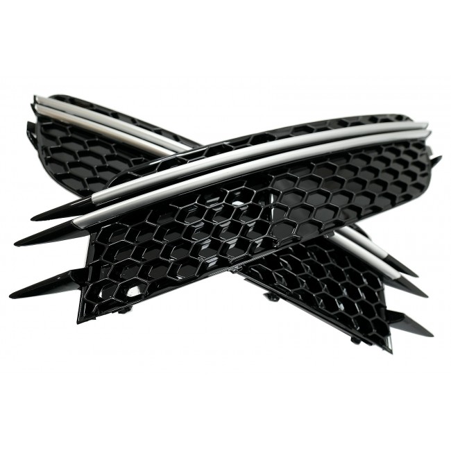 Bumper Side Grilles Covers suitable for Audi A6 C7 4G (2012-2015) RS Design Black with Brushed Aluminium Insertions