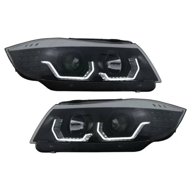 3D LED Angel Eyes Headlights suitable for BMW 3 Series E90 Limousine E91 Touring (03.2005-08.2008) LHD Black