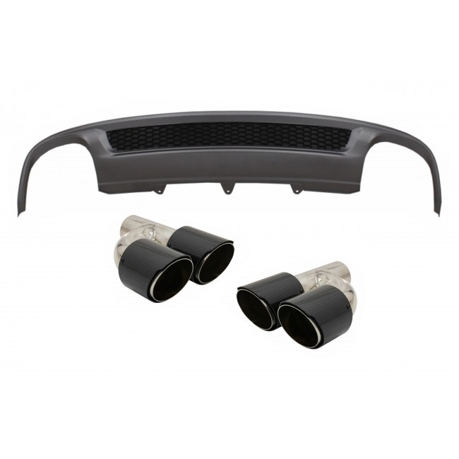 Rear Bumper Valance Air Diffuser suitable for Audi A4 B8 Facelift Limousine Avant (2012-2015) with Carbon Fiber Exhaust Muffler Tips Polished S-Line Design only Standard Bumper