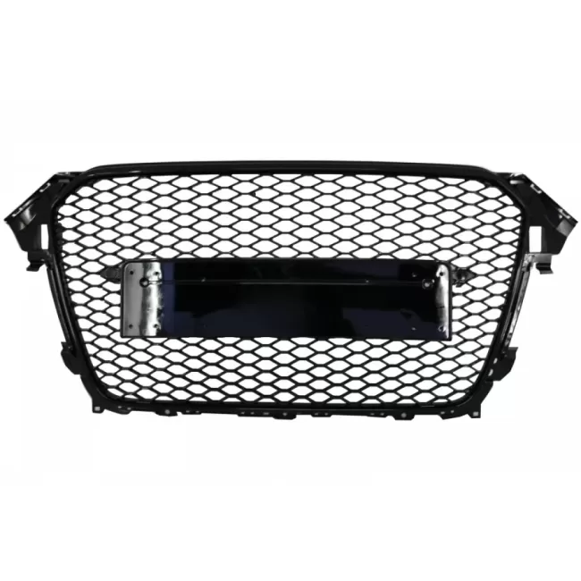 Badgeless Front Grille with Fog Lamp Covers suitable for Audi A4 B8 Facelift (2012-2015) RS Design Honeycomb Piano Black & PDC Covers