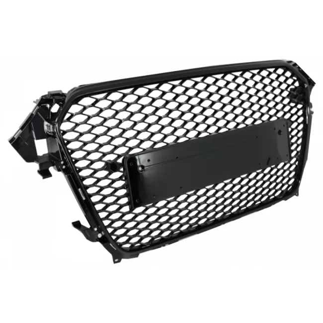 Badgeless Front Grille with Fog Lamp Covers suitable for Audi A4 B8 Facelift (2012-2015) RS Design Honeycomb Piano Black & PDC Covers