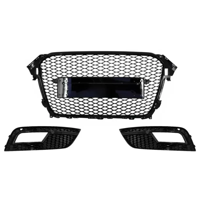 Badgeless Front Grille with Fog Lamp Covers suitable for Audi A4 B8 Facelift (2012-2015) RS Design Honeycomb Piano Black & PDC Covers