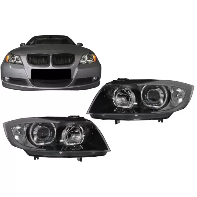 Angel Eyes Headlights suitable for BMW 3 Series E90 Sedan E91 Touring (03.2005-2011) Black