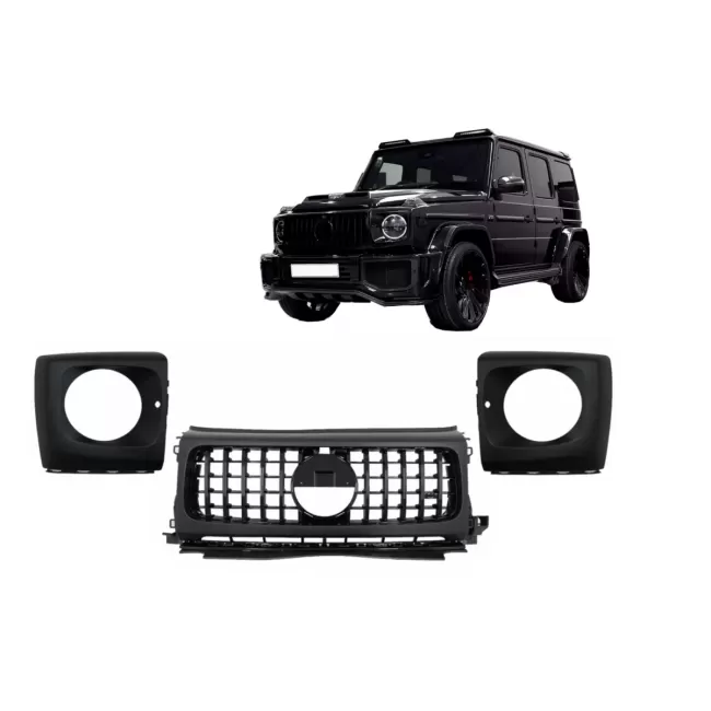 Front Grille with Headlights Covers suitable for Mercedes G-Class W464 W463A & G63 AMG (06.2018-Up) GT-R Panamericana Design Piano Black