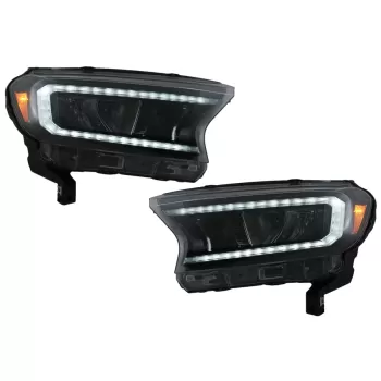 Headlights LED Light Bar suitable for Ford Ranger (2015-2020) LHD Full Black Housing with Sequential Dynamic Turning Lights