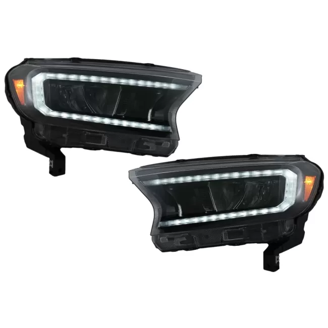 Headlights LED Light Bar suitable for Ford Ranger (2015-2020) LHD Full Black Housing with Sequential Dynamic Turning Lights