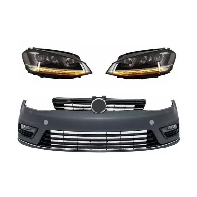 Front Bumper suitable for VW Golf VII 7 (2013-2017) R-line Look with Headlights 3D LED DRL Flowing Dynamic Sequential Turning Lights Silver