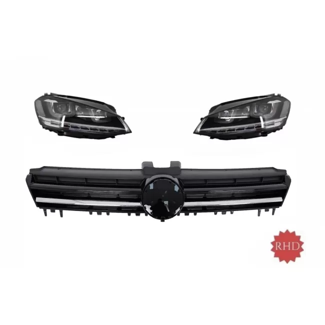 RHD Headlights LED FLOWING Dynamic Sequential Turning Lights with Central Grille suitable for VW Golf 7 VII (2012-2017) R-Line Design Chrome Insertions
