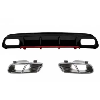 Rear Bumper Valance Diffuser with Exhaust Muffler Tips Chrome suitable for Mercedes A-Class W176 Facelift (2015-2018) A45 Design Red Edition