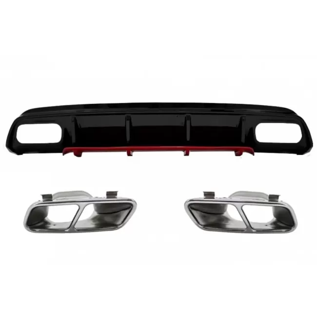 Rear Bumper Valance Diffuser with Exhaust Muffler Tips Chrome suitable for Mercedes A-Class W176 Facelift (2015-2018) A45 Design Red Edition