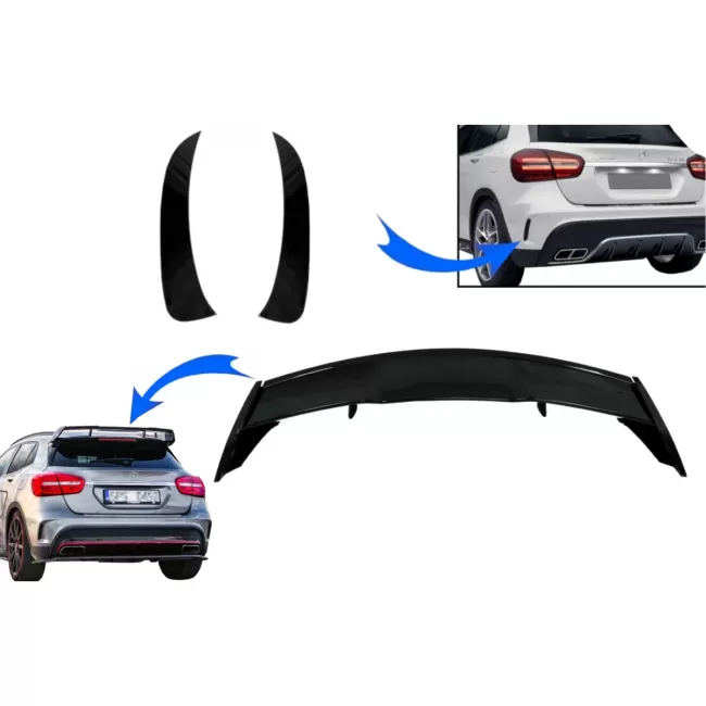 Trunk Boot Lid Spoiler with Rear Bumper Flaps Side Fins Flics suitable for Mercedes GLA X156 GLA45 (2014-2019)