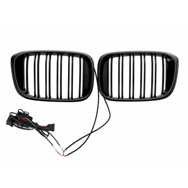Central Kidney Grilles With LED suitable for BMW X3 G01 (11.2017-2020) X4 G02 (02.2018-2020) Double Stripe Piano Black