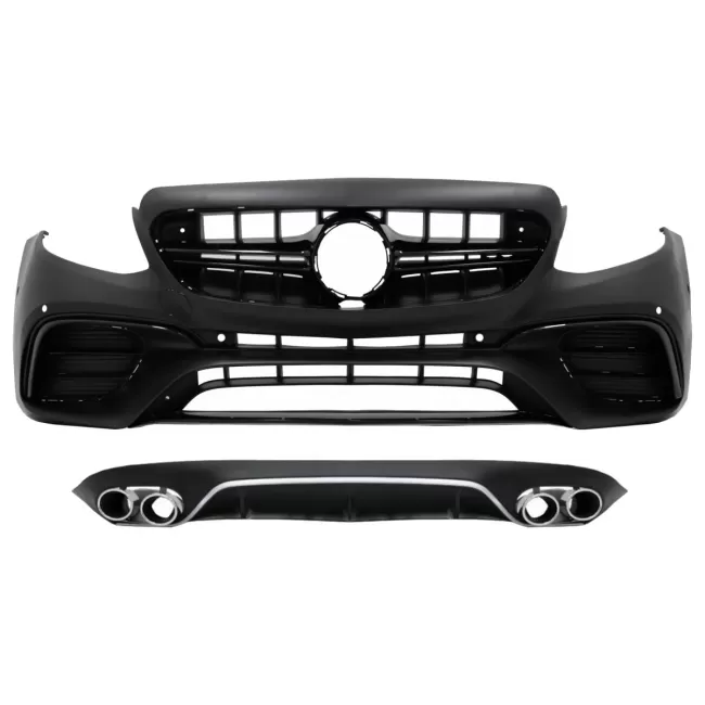 Front Bumper with Diffuser and Exhaust Muffler Tips suitable for Mercedes E-Class C238 A238 (2016-up) E63 Design Black Chrome
