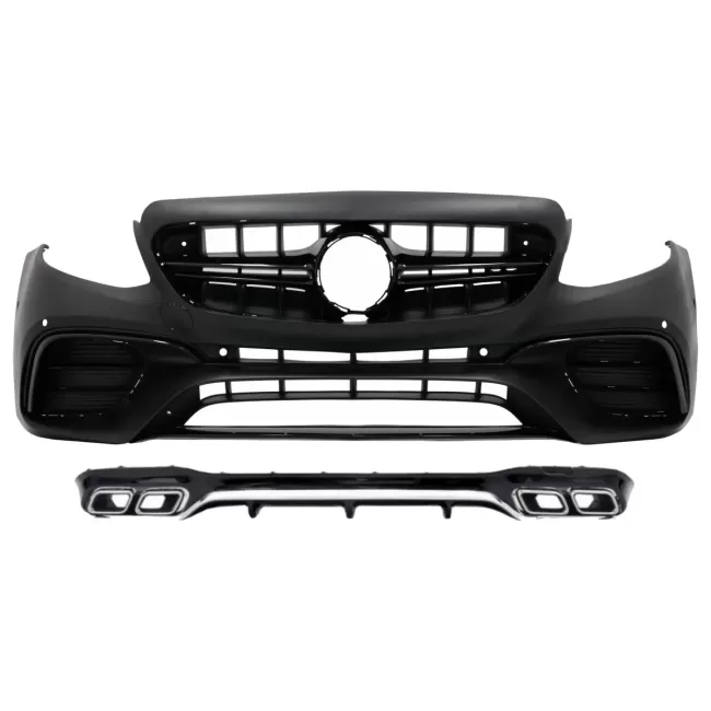 Front Bumper with Rear Diffuser and Exhaust Muffler Tips Chrome suitable for Mercedes E-Class W213 (2016-2019) E63 Design Black Edition